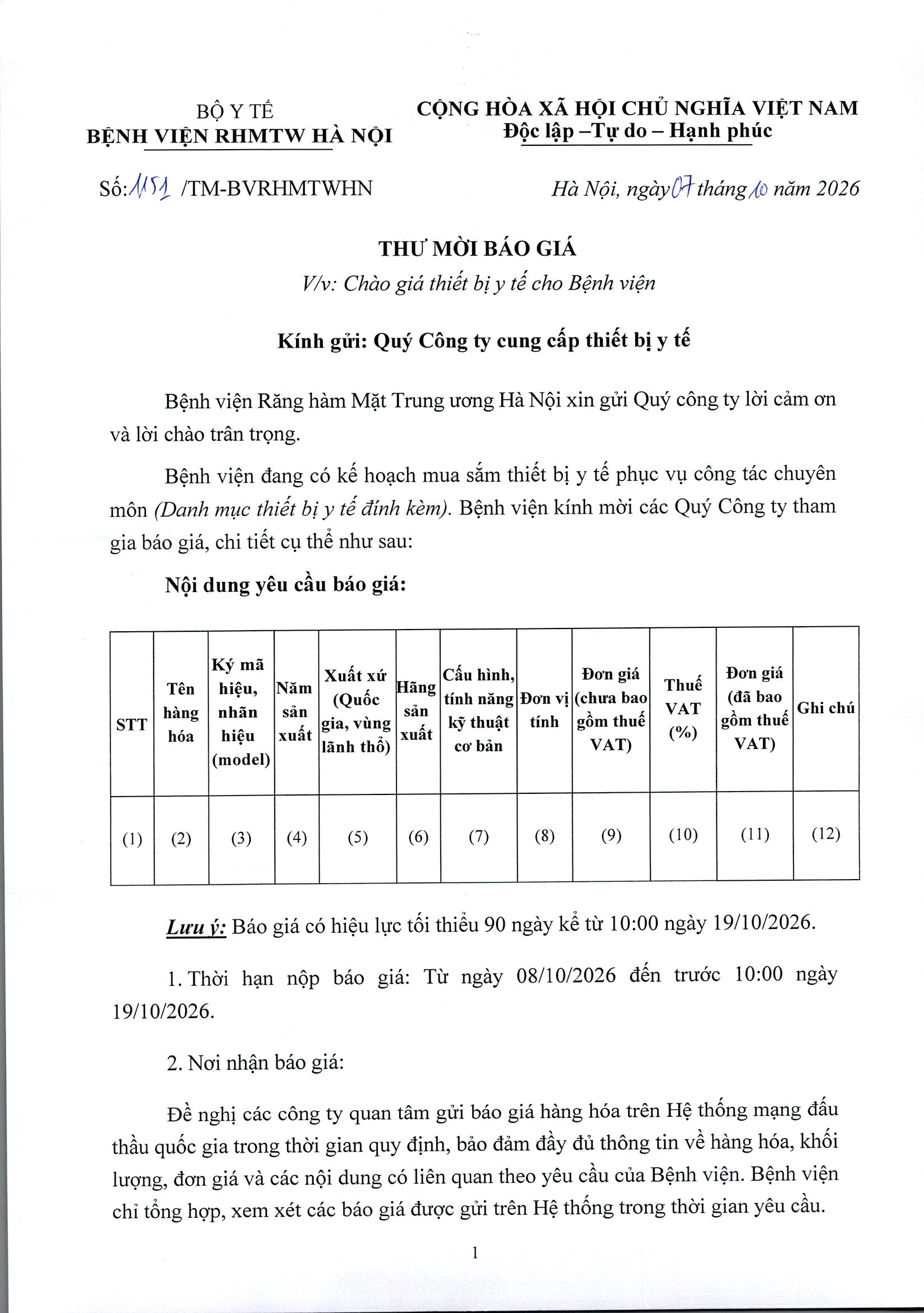 THƯ MỜI BÁO GIÁ: CHÀO GIÁ THIẾT BỊ Y TẾ CHO BỆNH VIỆN NGÀY 7-10-2026